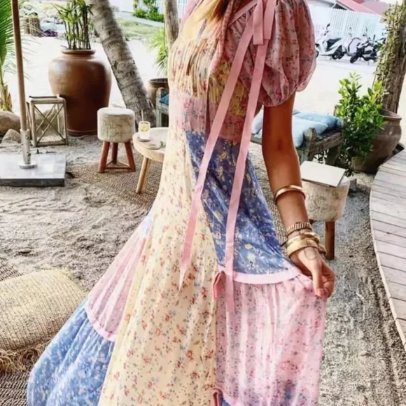 Floral Chiffon Multi-Color Square Neck Puff Sleeve Maxi Dress - Picture 15 of 16